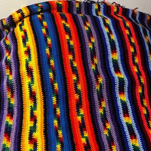 VTG Handmade Crochet Rainbow Striped Blanket Vibrant Multicolor 70x100in - Picture 12 of 16